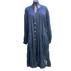 *Erika Pena Indigo Button-up Tiered Longsleeve Dress w/Belt One Size